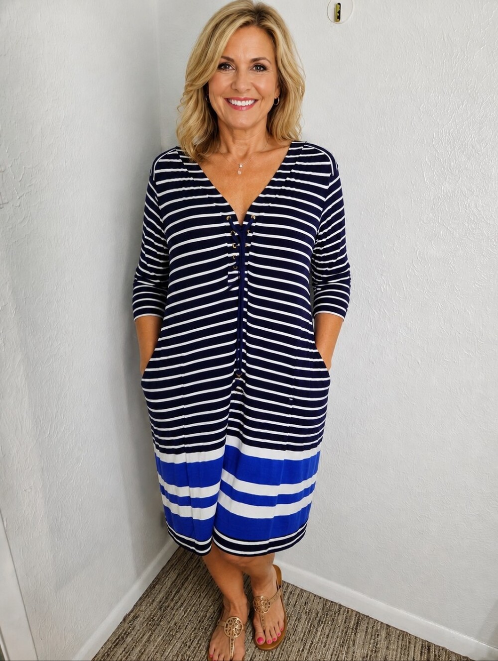 Soho Navy Blue, Baby Blue & White Striped Dress with Lace-up Neckline, Sz 3X